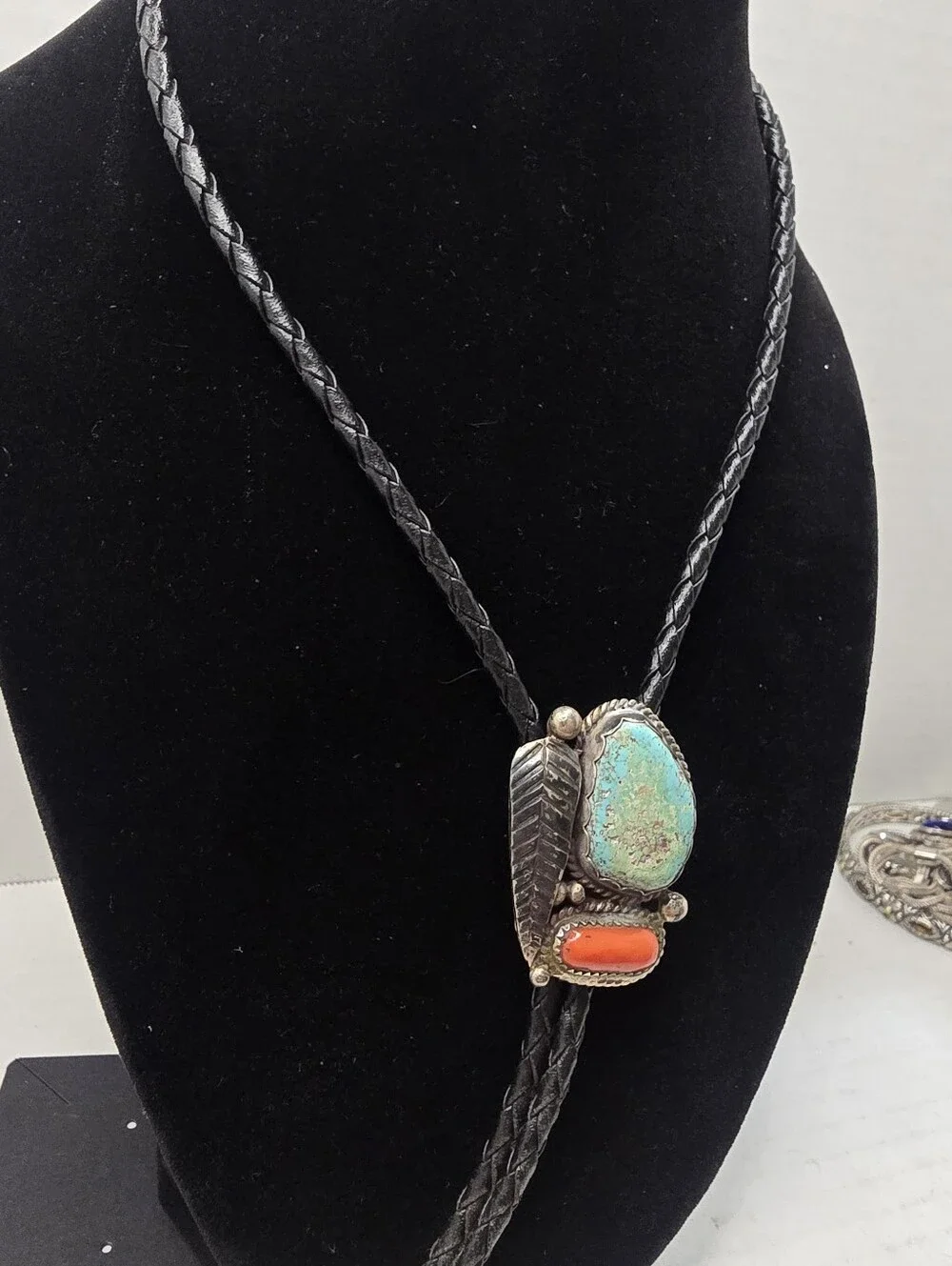 Vintage Native American Signed E&CR Sterling Silver Turquoise & Coral Bolo 36